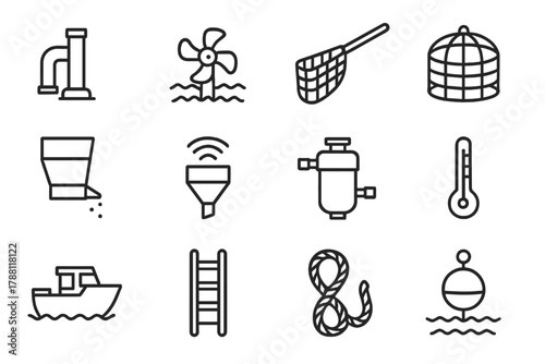 Aquaculture Equipment Icons. Line style icons of Aquaculture Equipment: Water Pump, Aerator, Net, Cage; Feeder, Sensor, Filter,