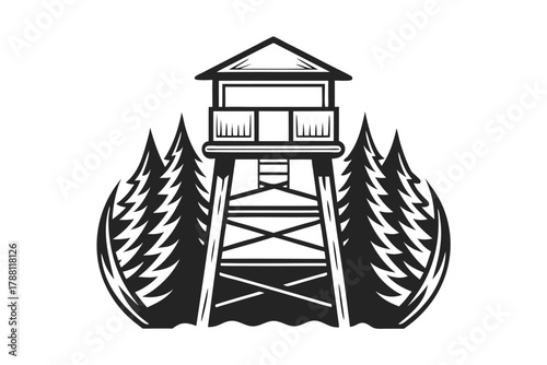 Silhouette watchtower rises amid stylized pines, evoking rustic observation and solitude