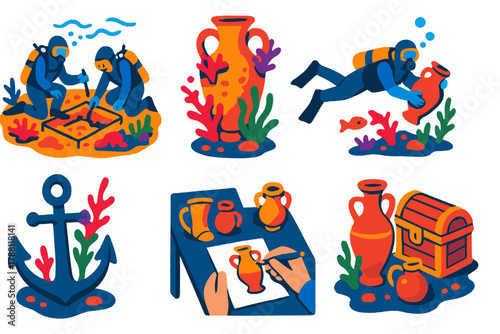 Nautical Archaeology Icons. Isometric vector illustration set Nautical archaeology: underwater excavation, coral-encrusted