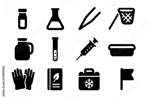 Environmental Sampling Icons. Solid style icons of Environmental Sampling: Glass Vial, Lab Flask, Tweezers, Sampling Net, Water