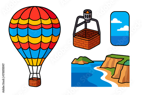 Vibrant Hot Air Balloon. Isometric vector illustration set Travel Ballooning: bright balloon with patterns, small wicker basket,