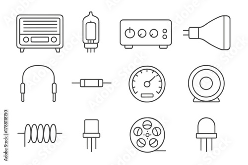 Vintage Tech Icons. Line style icons of vintage technology: radio console, vacuum tube, amplifier, cathode ray tube; patch cord,