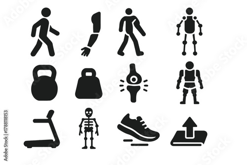 Human Kinetics Icons. Solid style icons of Human Kinetics: walking human, prosthetic arm, motion capture, weight, joint diagram,