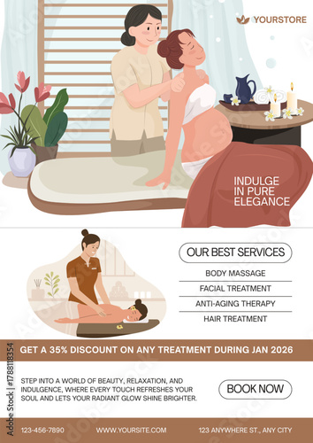 Spa advertisement featuring massage services, promoting relaxation and beauty treatments with a discount offer.