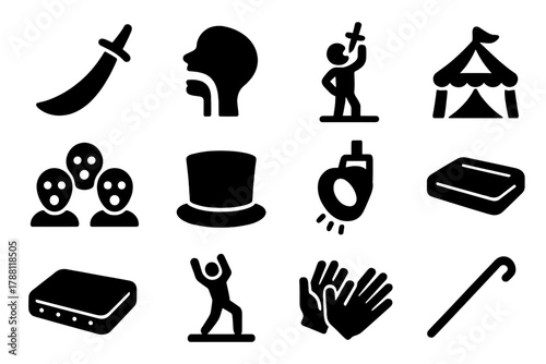 Daredevil Circus Act. Solid style icons of Daredevil Circus: Curved Sword, Throat, Sword Swallower, Performance, Audience Gasp,