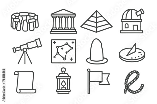 Cultural Observatory Icons. Line style icons of Cultural Observatories: Stone Circle, Temple, Pyramid, Observatory Dome; Telescope