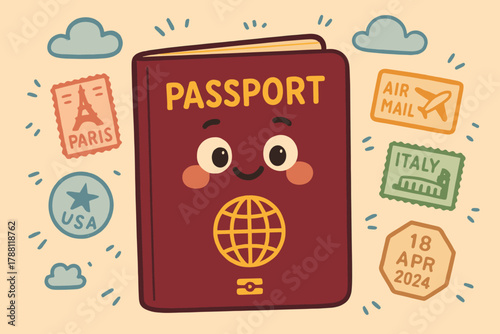 Smiling Passport Adventure. Cheerful passport with little eyes and grin, surrounded by miniature stamps and doodle clouds