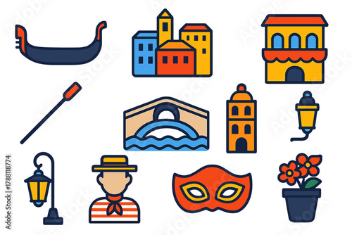 Venetian Icon Set. Flat vector icons of Venetian Scenery: gondola, Venice, canal, oar, bridge, building, lantern, gondolier, mask,