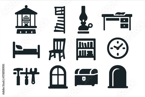 Lighthouse Interior Icons. Solid style icons of lighthouse interiors: lantern room, metal ladder, oil lamp, keeper’s desk, bed,