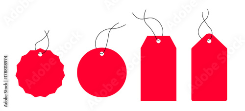 Set of realistic red sale labels and discount price tags mockups, featuring paper gift labels with rope and promotional sales hanging tags. Ideal for retail and shopping projects, these vector