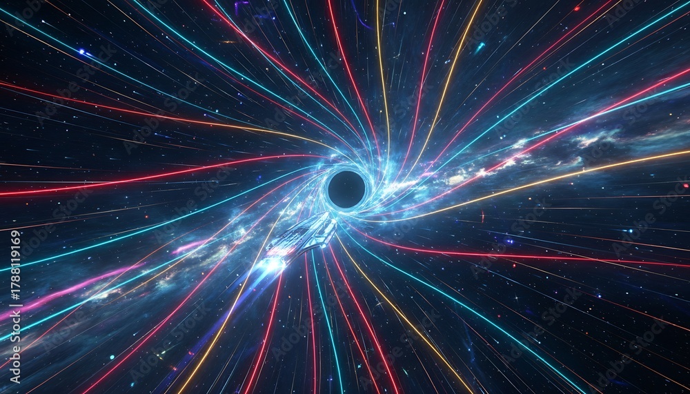 Obraz premium Abstract Illustration of a Black Hole with a Multitude of Colorful Energy Streams Flowing in a Hypnotic Spiral