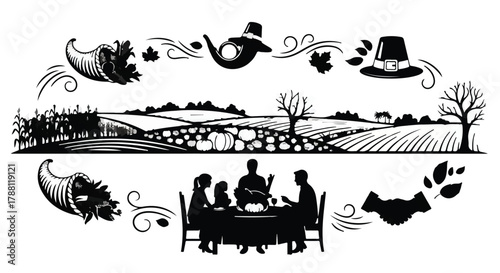 Family gathers around a table for a festive harvest feast, surrounded by autumn symbols.