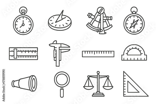 Classic Instrument Icons. Line style icons of classic instruments: pocket watch, sundial, sextant, compass; slide rule, caliper,