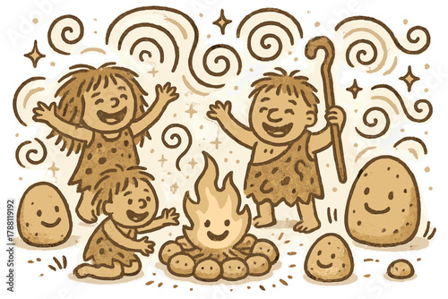 Prehistoric Joyful Ritual. Magical doodle prehistoric ritual with cheerful participants, cartoon sound waves swirling, smiling