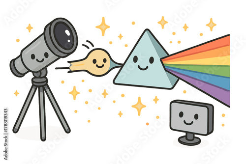 Cheerful Spectral Mapping. Friendly doodle spectral line mapping with happy telescopes, cartoon light beams splitting into