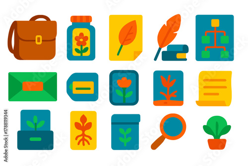 Botanical Discovery Icons. Flat vector icons of Botanical Discovery: explorer satchel, specimen jar, pressed sheet, inked diagram,