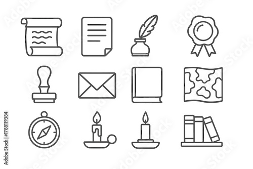 Historical Document Icons. Line style icons of Historical Documents: Scroll, Manuscript, Inkpot, Quill; Wax Seal, Stamp, Envelope,