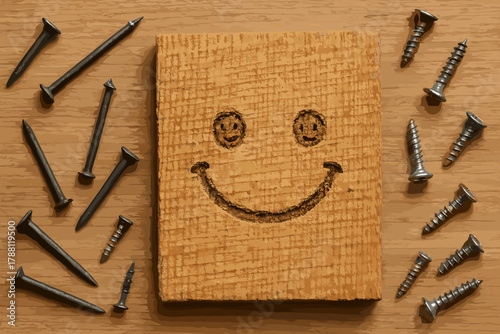 Smiling Plank Doodles. Happy wooden plank with saw marks forming tiny doodle faces, surrounded by nails and screws