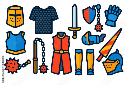 Medieval Armor Icons. Flat vector icons of Medieval Knight Armor: great helm, chainmail hauberk, longsword, kite shield, gauntlet