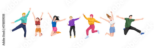 Happy young people jumping together. Success, celebration, and friendship concept. Cartoon vector illustration.