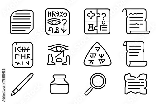 Icons of Lost Languages. Line style icons of Lost Languages: Rosetta Stone, Undeciphered Script, Linguistic Puzzle, Cultural Loss;