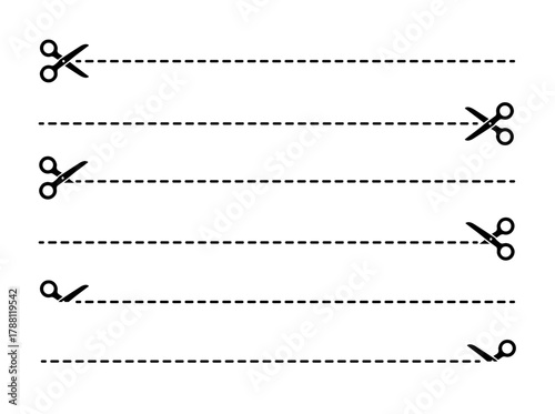 Scissors icons set with cut lines and dashed borders, symbolizing cutting and trimming in minimal doodle style. Perfect for design projects, apps, websites, crafts, and creative illustrations.