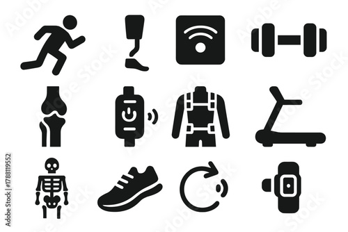 Applied Biomechanics Icons. Solid style icons of Applied Biomechanics: sprinting figure, prosthetic limb, motion sensor, dumbbell,