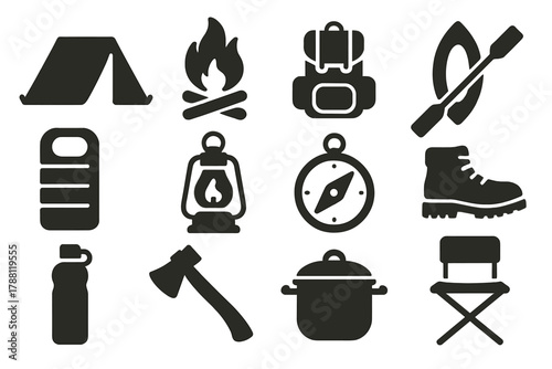 Camping Essentials Icons. Solid style icons of camping essentials: tent, campfire, backpack, canoe, sleeping bag, lantern, compass