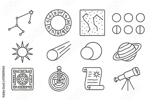 Cultural Astronomy Icons. Line style icons of Cultural Astronomy: Constellation, Zodiac Wheel, Star Chart, Moon Phases; Sun Symbol