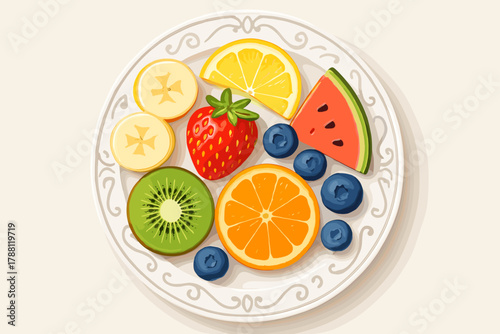 Vibrant Fruit Display. Flat lay of vibrant fresh fruit arranged in a decorative pattern on a clean white vector illustration plate
