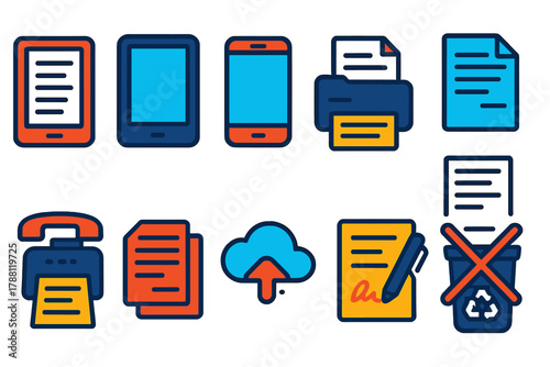 Digital vs Paper Icons. Flat vector icons of digital era and paper contrast: e-book reader, tablet, smartphone, laptop, digital