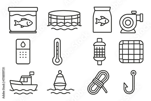Fish Farming Icons. Line style icons of Fish Farming: Fish Tank, Net Pen, Feed Bag, Water Pump; Oxygen Sensor, Thermometer, Filter