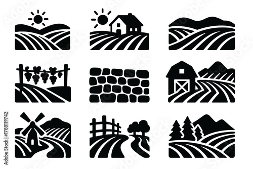 Vineyard Icon Landscape. Solid style icons of vineyard scenery: rolling hills, sun, farmhouse, rows of vines, trellis, stone wall,
