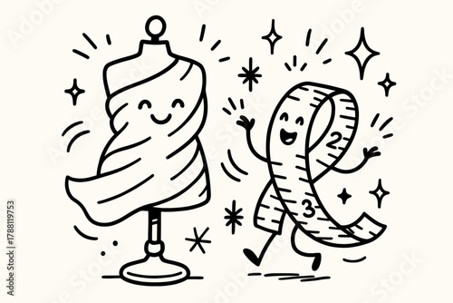 Joyful Mannequin Scene. Playful doodle vector scene of a mannequin wrapped in smiling fabric, while a cheerful measuring tape