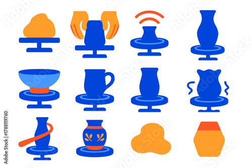 Pottery Process Icons. Flat vector icons of potter’s wheel process: lump of clay on wheel, shaping hands, spinning wheel, tall