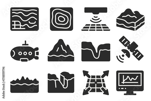 Ocean Floor Mapping Icons. Solid style icons of mapping the ocean floor: bathymetric chart, contour lines, sonar scan grid, 3D