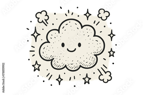 Happy Cloud Doodle. Charming doodle vector composition of a fluffy ash cloud with a happy face, floating among doodle sparkles,