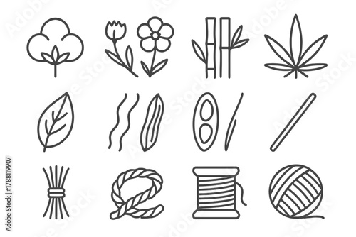 Textile Plant Icons. Line style icons of Textile Plants & Materials: Cotton Plant, Flax, Bamboo, Hemp; Leaf, Fiber, Pod, Stem;