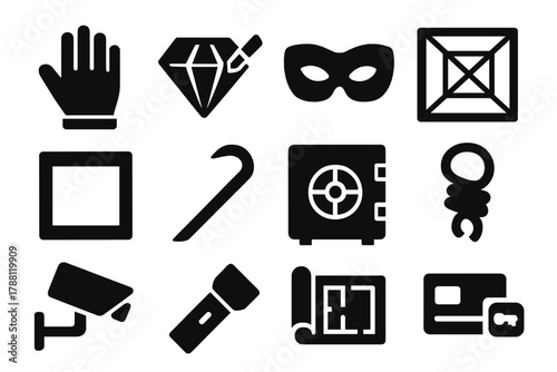 Master Thief Icons. Solid style icons of Master Thief: Gloved Hand, Diamond Cutter, Mask, Laser Grid, Empty Frame, Crowbar, Vault,