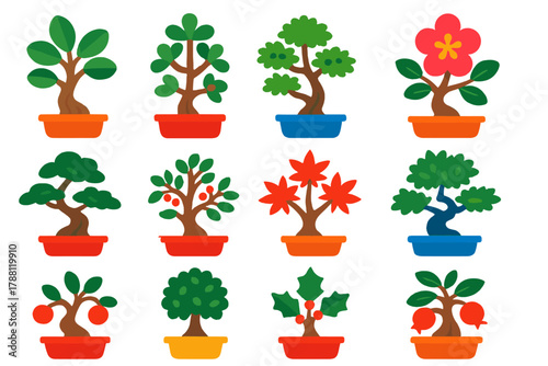 Vibrant Bonsai Icons. Flat vector icons of Indoor Bonsai: ficus, jade, elm, azalea, shimpaku, cotoneaster, juniper, maple, cherry,