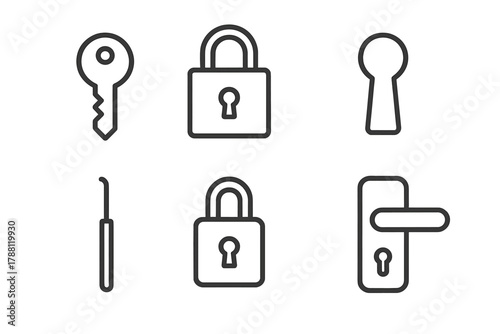 Locksmith Icon Set. Line style icons of locksmith basics: key, lock, keyhole, lockpick, padlock, door handle. No text, No labels,
