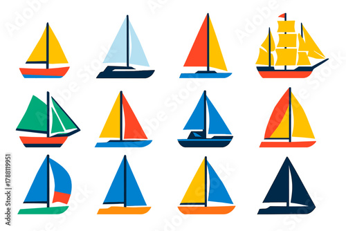 Vibrant Sailboat Icons. Flat vector icons of sailboats: small dinghy, yacht with sails, catamaran, tall ship, schooner, racing