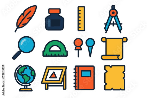 Cartography Tools Icons. Flat vector icons of Cartography Accessories: quill, ink bottle, ruler, compass, magnifying glass,