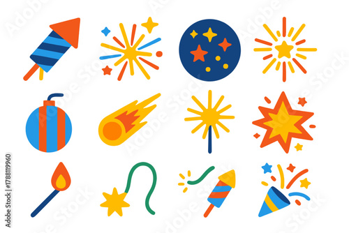 Firework Icon Set. Flat vector icons of Firework Elements: rocket, burst, sparkle, night sky, flare, aerial shell, comet, sparkler