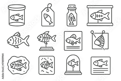 Preserved Fish Icons. Line style icons of preserved fish: specimen jar, label tag, corked vial, display case; dried fish, skeleton