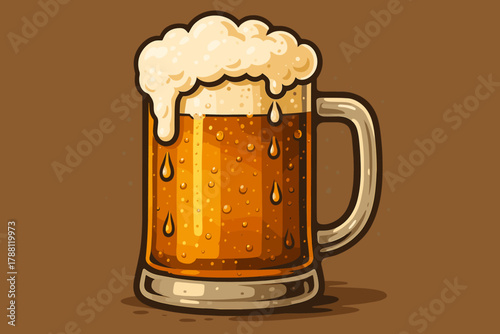 Frosty Beer Mug. Frosty mug of beer with condensation dripping down, golden amber hues glowing under soft lighting, ideal for