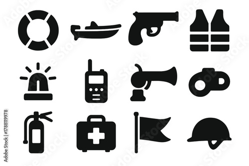Maritime Safety Icons. Solid style icons of maritime safety: lifebuoy, rescue boat, flare gun, safety vest, emergency light, radio