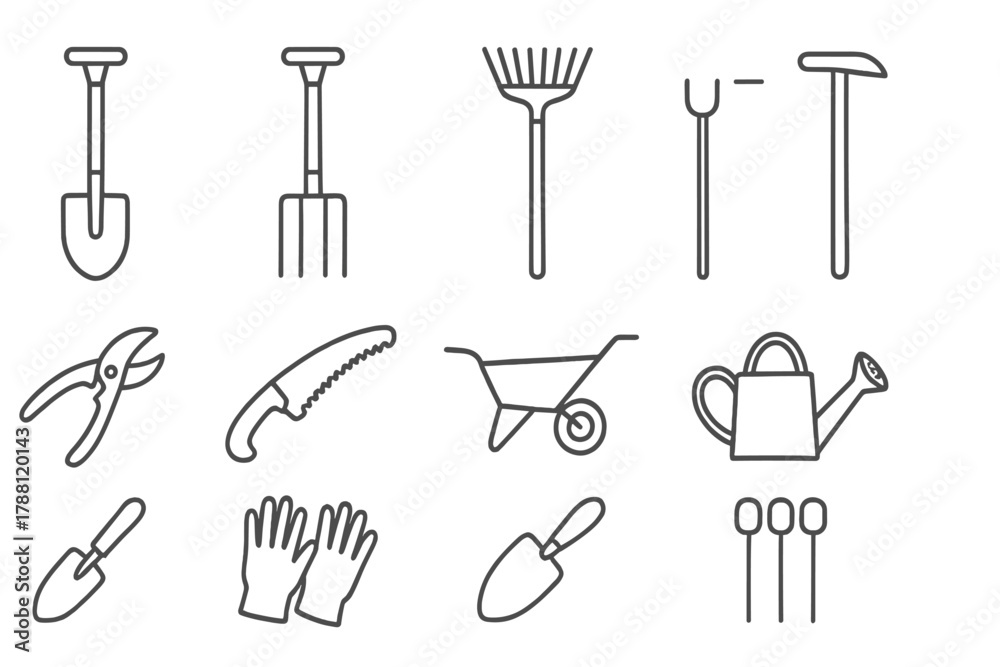 Obraz premium Garden Tools Icons. Line style icons of Garden Tools: Spade, Fork, Rake, Hoe; Secateurs, Pruning Saw, Wheelbarrow, Watering Can;