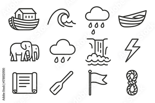 Flood Legends Icons. Line style icons of Flood Legends: Ark, Wave, Rain, Boat; Animal Pair, Cloud, Waterfall, Lightning; Scroll,