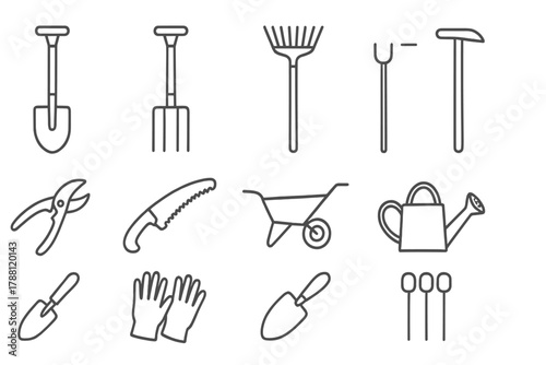 Garden Tools Icons. Line style icons of Garden Tools: Spade, Fork, Rake, Hoe; Secateurs, Pruning Saw, Wheelbarrow, Watering Can;